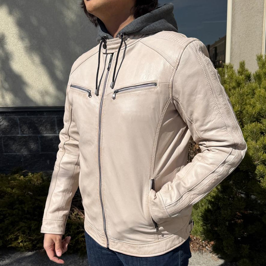 Veste en cuir d’agneau à capuche amovible pour homme