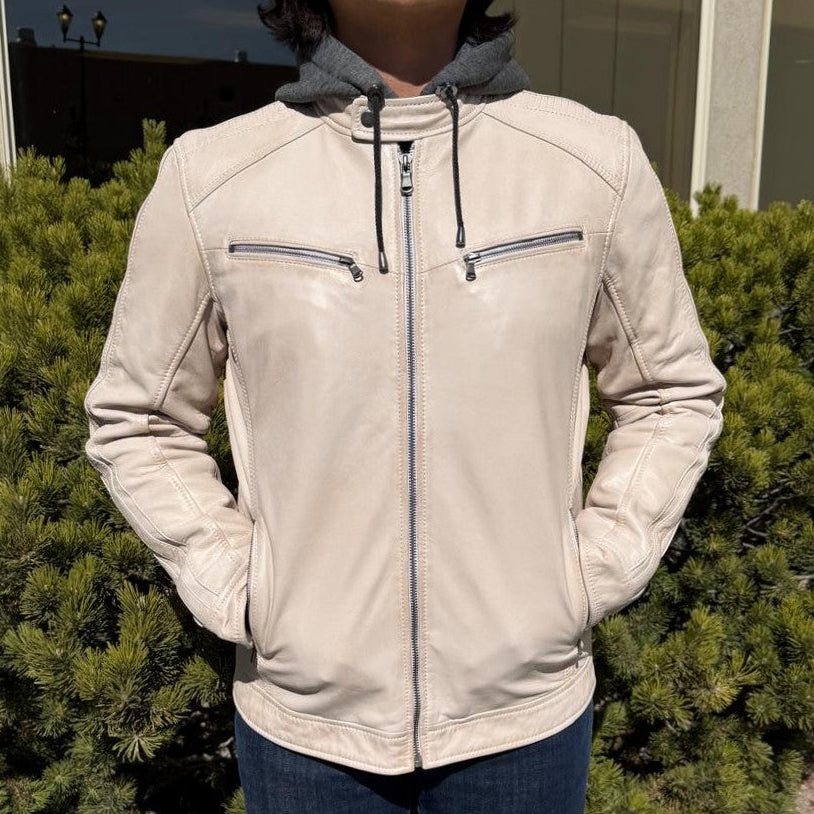 Veste en cuir d’agneau à capuche amovible pour homme
