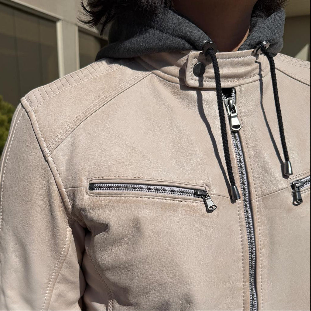 Veste en cuir d’agneau à capuche amovible pour homme