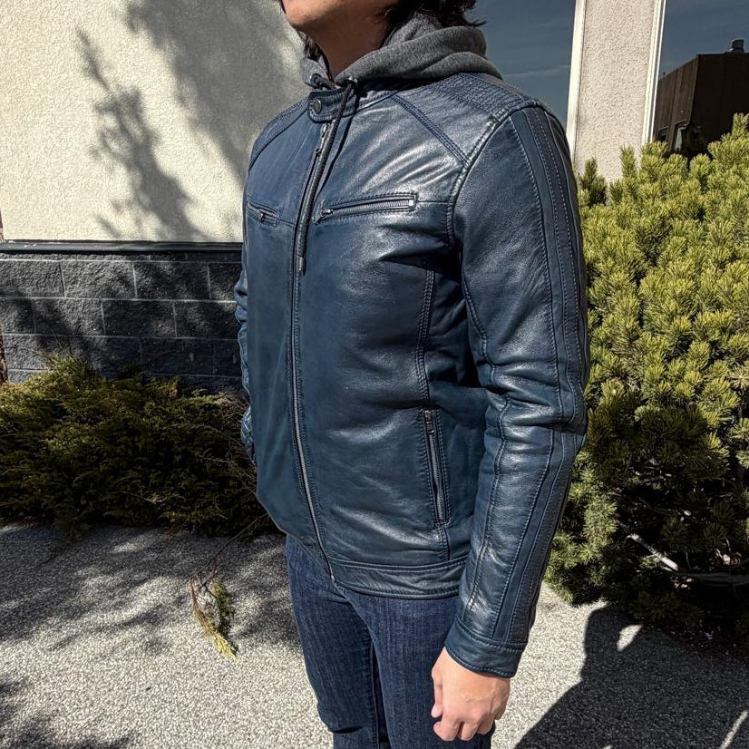 Veste en cuir d’agneau à capuche amovible pour homme