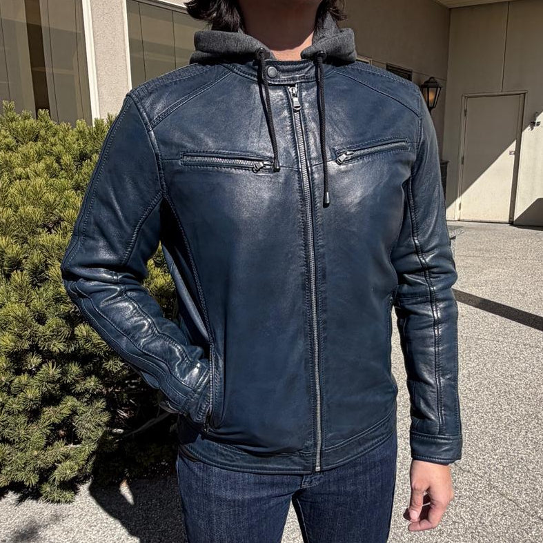 Veste en cuir d’agneau à capuche amovible pour homme