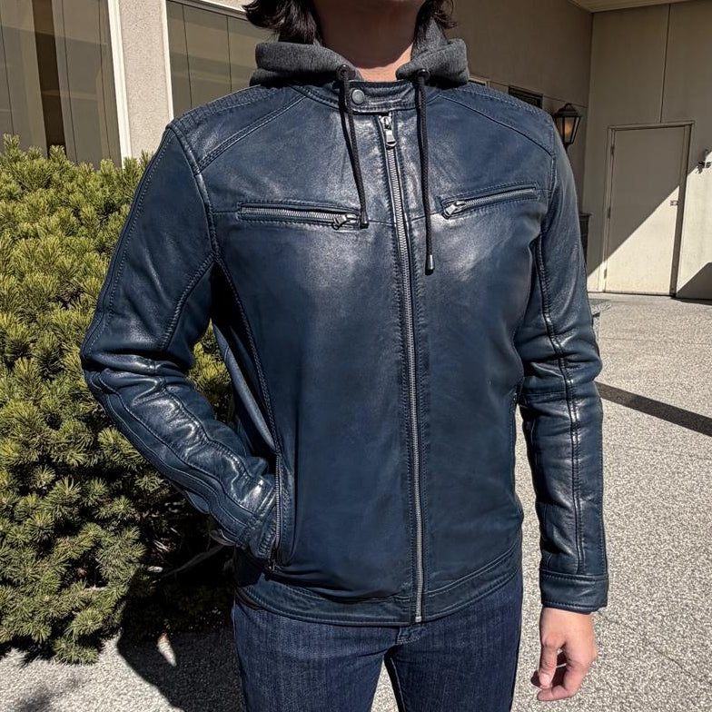 Veste en cuir d’agneau à capuche amovible pour homme